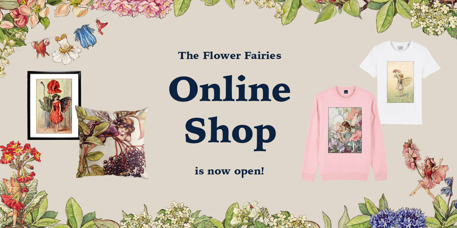 Flower Fairies Shop banner showing pink sweatshirt, white t-shirt, cushion and art print