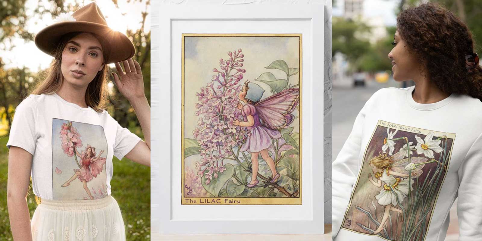 Woman wearing white t-shirt with fairy print next to a white framed fairy print on a white wall and woman wearing white sweatshirt with fairy print.